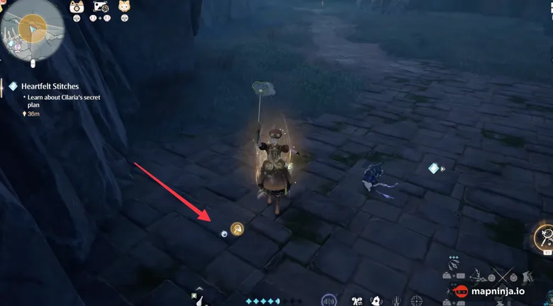 Red arrow pointing to a Pearled Spider beside the Bug-Catching cue in Infinity Nikki