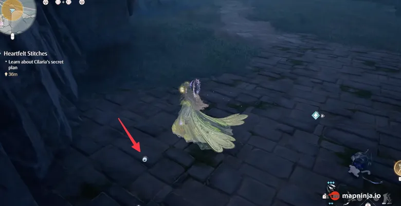 Red arrow pointing to a Pearled Spider on the ground in Infinity Nikki