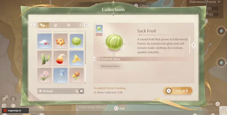Sack Fruit selected in the Collections menu, with Elderwood Forest listed as its current area.