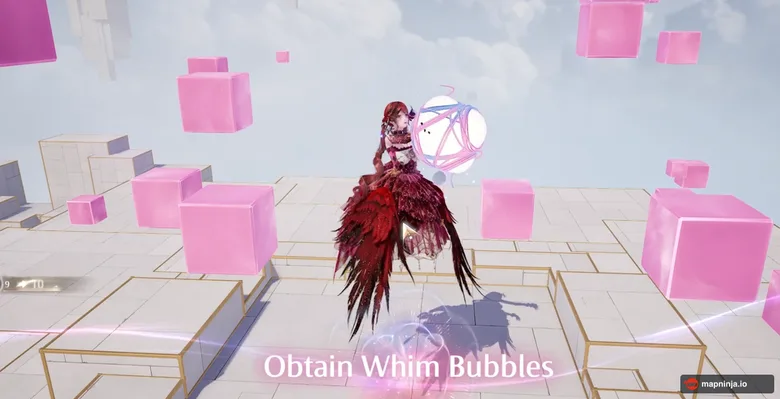 Nikki beside a glowing Whim Bubble with the Obtain Whim Bubbles collection message on screen.