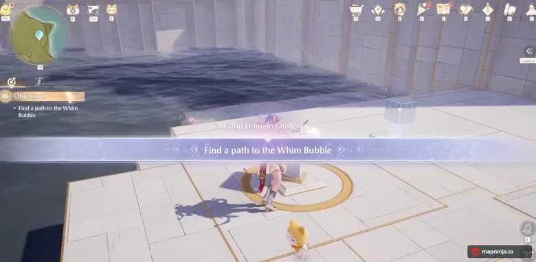 Curio Domain challenge screen showing the objective to find a path to the Whim Bubble.