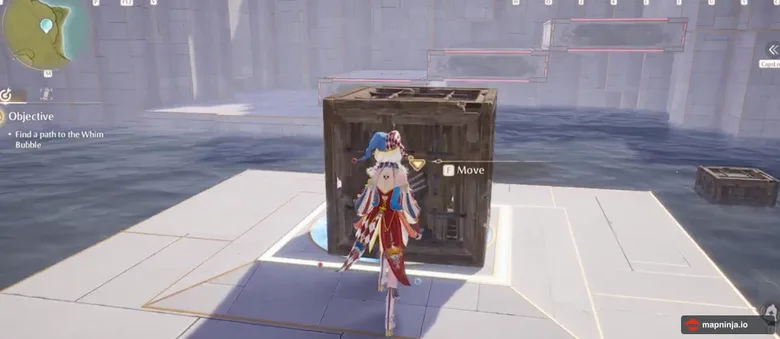 Nikki beside a large wooden crate with a Move prompt in a Whim Bubble challenge.